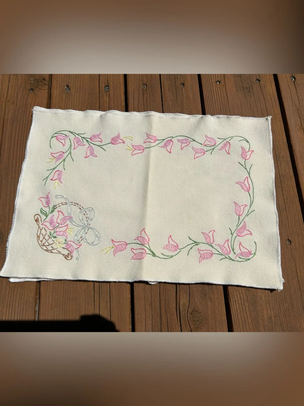 Vintage Placemat Pink Floral Basket Embroidered Linen Placemat Lot of Four 11x16